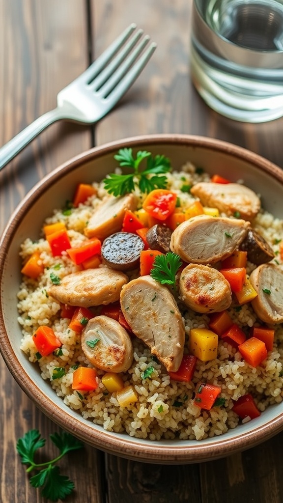 A healthy bowl of quinoa chicken with vegetables, garnished with parsley, on a rustic table.